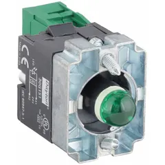 This contact and light block assembly is designed for 22 mm panel mounting in industrial control panels. It features a 1NO contact configuration and includes a green LED bulb for visual status indication. The unit operates at 24V AC/DC, suitable for switching and signaling in machinery and automation systems.