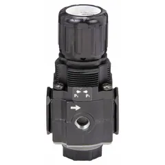 This SPEEDAIRE air regulator features a compact aluminum body with 1/4 in NPT ports. It provides a flow capacity of 90 cfm and an adjustable pressure range from 5 psi to 150 psi. The nonrising adjustment knob allows for precise pressure control in pneumatic systems. Commonly used in manufacturing, automation, and maintenance applications to regulate downstream air pressure.
