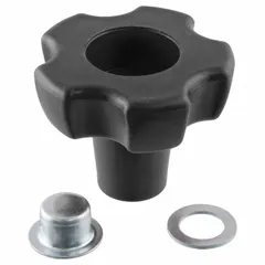 This replacement handle knob and cap nut is designed for use with CURT Topwind jacks. It restores crank operation on trailer jacks, enabling lifting and lowering of trailers during loading and servicing. The knob and cap nut are black.