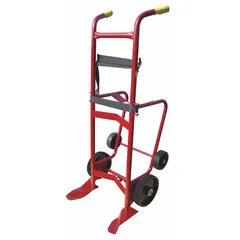 This drum hand truck is designed for moving and tilting 55-gallon steel containers. It features a steel frame with a 1,000 lb load capacity and tread on core polyolefin wheels. Overall dimensions are 57 in x 24 in x 24-1/2 in.