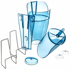Blue polycarbonate ice tote with integrated scoop holder. Measures 21 3/4 in deep, 18 3/4 in high, 11 3/4 in wide. Used in commercial kitchens, bars, and foodservice operations for storing and transporting ice while keeping the scoop clean and accessible.