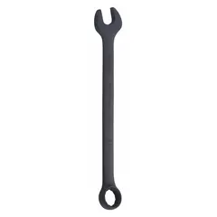 Alloy steel combination wrench with black oxide finish. Features a 22 mm 12-point box end and open end, offset design, and 11 1/2 in overall length. Used for tightening or loosening metric fasteners in confined spaces during maintenance, repair, and assembly tasks.