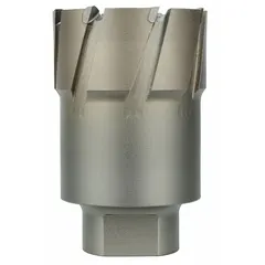 Carbide-tipped annular cutter with two-piece alternate-tooth design for efficient hole cutting in metal. Includes pilot pin for alignment. Max cutting depth 2 in, cutter diameter 3-1/4 in. Bright finish. Suitable for structural steel, plate work, and fabrication.