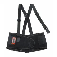 Suspender-style back support constructed from high-performance spandex for a secure, flexible fit. Includes adjustable suspenders for comfort. Designed to provide core support and compression during lifting, bending, and repetitive tasks in industrial environments.