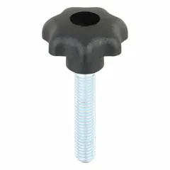 This 7-arm knob with threaded stud is designed for hand-operated adjustment and clamping in industrial machinery, jigs, and fixtures. It features a 32 mm diameter, M8 thread, and 40 mm thread length, constructed from plastic with a steel thread insert for durability.