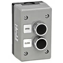 This double pole push button control station provides open-close operation for gate operators. Housed in a non-metallic enclosure, it is designed for outdoor surface-mount installation. Suitable for material handling and dock loading equipment applications.