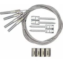 This suspension kit includes a 10 ft WC4 cable with a threaded stud fitting and cable lock, along with a dual hanger. It is used for supporting and securing overhead equipment, conduit, or piping in industrial suspension applications.