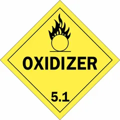 BRADY DOT placard for identifying containers holding oxidizing agents and organic peroxides (Class 5.1). Measures 10 3/4 in x 10 3/4 in with a 10 3/4 in label height. Displays the message 'OXIDIZER' and hazard class 5.1. Used for regulatory compliance in industrial shipping and storage environments.