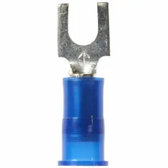 Insulated fork terminal with nylon insulation, #10 stud size, and 16 AWG to 14 AWG wire range. Block fork design allows connection to studs without removing the nut. Rated 600 V. Used for terminating wires in electrical panels, control cabinets, and industrial machinery.