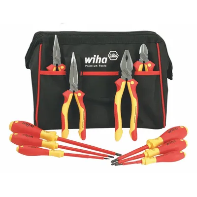 WIHA Insulated Tool Kit: Insulated, 10 Total Pcs, Drivers and Bits/Pliers - Tool Sets with Tool Bag