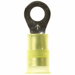 Yellow nylon-insulated ring terminal for #10 stud size, accepting 12 AWG to 10 AWG wire. Rated for 1000 V. Used for secure electrical connections in control panels, machinery, and power distribution.