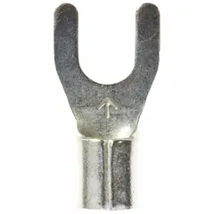 Non-insulated standard fork terminal for #10 stud size, accepting 12 AWG to 10 AWG wire. Rated for 600 V. Bare copper construction. Used for terminating wires in electrical panels, control cabinets, and industrial machinery.