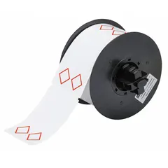 Red, no-legend precut label roll with two GHS/CLP diamonds per label. Label size 2 11/64 in x 3 11/32 in, diamond size 2 11/64 in. Acrylic adhesive. Compatible with BBP31 printer. Used for chemical hazard communication on containers, drums, and pipes.