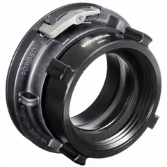 This aluminum rigid adapter connects NH-threaded fire hydrants or standpipes to Storz couplings. It features a straight design with NH threads on one end and a Storz coupling on the other, sized 4 in x 5 in. Used in fire-protection systems for rapid hose connections.