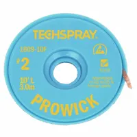 TECHSPRAY 1809-10F is a rosin flux desoldering braid in size #2, 0.055 inches wide and 10 feet long. It is yellow and ESD-safe, designed for removing solder from electronic assemblies during rework or repair. Suitable for use on circuit boards and fine-pitch components
