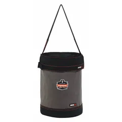 Gray canvas bucket bag with buckle closure. Measures 12-1/2 in wide by 17 in high by 12-1/2 in long. No pockets. Suitable for carrying tools, parts, or supplies in industrial and maintenance settings.