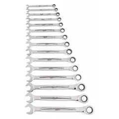 This 15-piece metric 12-point ratcheting combination wrench set includes sizes from 8 mm to 22 mm. The wrenches feature a chrome finish and are organized on a tray for storage. Suitable for tightening and loosening fasteners in maintenance, assembly, and repair tasks.