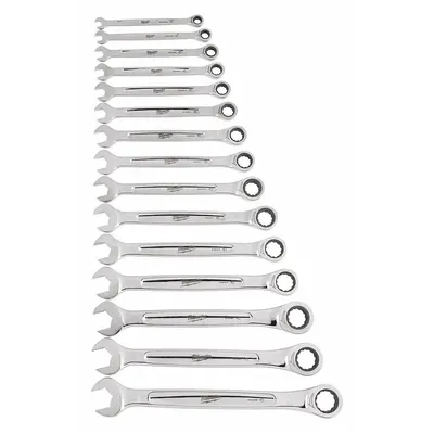 MILWAUKEE Combination Wrench Set: Alloy Steel, Chrome, 15 Tools - Metric 12-Point Ratcheting Combination Wrench Sets