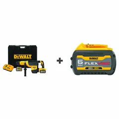 This cordless rotary hammer operates on a 20V DC battery system (60V DC max) and features an SDS-Max chuck with a 2 in maximum capacity. It offers hammer-and-rotate mode for drilling and chiseling in concrete, masonry, and stone. The kit includes three batteries and a charger.
