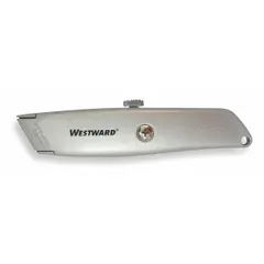 This retracting utility knife has a 6-inch overall length and a steel standard tip with a plain, silver finish. It is designed for general-purpose cutting tasks such as cutting cardboard, plastic strapping, drywall, and packaging materials. Assembly requires tools.