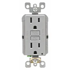Decorator duplex GFCI receptacle rated 125V AC, 15A, 5-15 configuration, 2-pole/3-wire with grounding. Gray finish. Suitable for general-purpose use in residential and commercial branch circuits where ground fault protection is required.