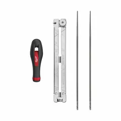 This sharpening file set is designed for maintaining chainsaw chains. It includes two 5/32 in round files, a round file handle, and an angle guide to help achieve proper cutting angles. Suitable for field sharpening to restore cutting performance.