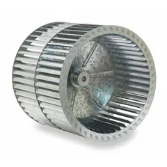 Forward-curved blower wheel with 11 in diameter and 10 5/8 in width. Steel wheel with concave design, two inlets, and CCW hub-end rotation. Suitable for moderate-pressure air-moving applications in HVAC systems, ovens, and material-handling equipment.