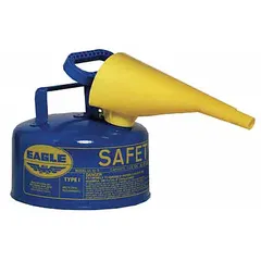 This 1-gallon Type I safety can is constructed from powder-coated steel and includes a funnel for controlled dispensing. It is designed for the storage and handling of kerosene in industrial and commercial settings.
