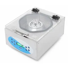 This benchtop micro-centrifuge accommodates 24 microtubes and features a digital display, variable speed control, and programmable operation. It operates on 110V AC and is used for pelleting cells, separating liquids, and processing small-volume samples in laboratory settings.