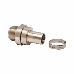 This swivel connector is designed for Diesel Exhaust Fluid (DEF) systems, featuring a 3/4 in BSPM male inlet and a 3/4 in male hose barb discharge. The aluminum and stainless steel body provides chemical compatibility with DEF. It allows hose rotation to prevent kinking during fluid transfer.