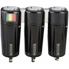 Three-stage sterile air filter assembly with coalescing design for removal of oil aerosols and particulates. Features 1/4 in NPT connection, 0.01 micron filtration, 36 cfm flow capacity, and maximum operating temperature of 130°F. Suitable for compressed air systems requiring high-purity air.