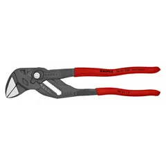 Flat-jaw tongue and groove pliers with push-button adjustment for quick size changes. Offers 19 jaw positions and a maximum jaw opening of 2 inches. Overall length is 9 7/8 inches. Suitable for gripping, turning, and holding nuts, bolts, and pipes in plumbing, electrical, and mechanical tasks.