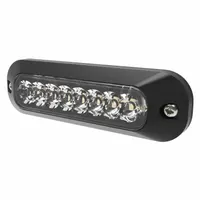 Rectangular perimeter warning light with amber/blue LED illumination. Operates on 12-24V DC and offers 70 selectable flash patterns. Features a black bezel, blunt cut wires for electrical connection, and bolt mounting with a 5/8 in overall width. Used on service trucks, utility vehicles, and construction equipment to alert personnel or traffic during stationary or slow-moving operations