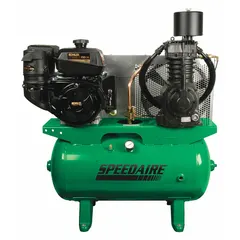 Two-stage electric air compressor designed for vehicle mounting. Powered by a 14 hp Kohler engine, delivers 24 cfm of compressed air. Includes a 30-gallon air tank for mobile pneumatic tool operation on service trucks or trailers.