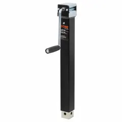 This CURT trailer jack is a Sidewind, weld-on square jack with a foot plate base. It has a static load capacity of 5,000 lb and a maximum lift height of 39-7/8 inches. Used for lifting and supporting trailer tongues during coupling, uncoupling, and leveling.