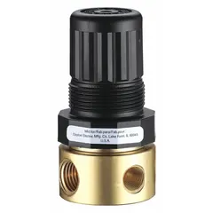 This miniature compressed air regulator from Speedaire is constructed with brass and features 1/4 in NPT ports. It provides a flow capacity of 15 cfm and an adjustable pressure range of 5 psi to 125 psi via a nonrising adjustment knob. Commonly used in pneumatic systems to control and stabilize downstream air pressure for air tools, actuators, and control circuits.