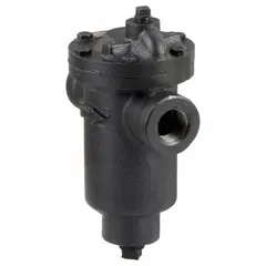 Cast iron inverted bucket steam trap with 3/4 in FNPT connection, rated for 955 lb/hr condensate capacity at 125 psi maximum pressure and 345°F maximum temperature. In-line configuration for horizontal installation. Strainer not included. Suitable for removing condensate from steam lines in industrial heating and process systems.