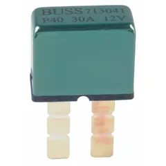 Plug-in mount automotive circuit breaker with blade terminal connection. Rated 12V DC with interrupt rating of 1 kA at 12V DC. Type I ATC circuit breaker automatically resets after fault clearance. Suitable for protecting electrical circuits in 12V DC vehicle systems.
