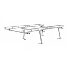 This adjustable aluminum truck cap rack measures 134-1/2 in length, 80-1/4 in width, and 36-1/4 in height, with a silver finish. Designed for mounting on a truck cap, it provides a platform for transporting long or bulky items such as ladders, lumber, or pipes.