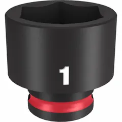 This 3/8" drive impact socket features a 1 in SAE hex size with a 6-point design and friction ring retention. It is intended for use with impact wrenches in fastening and loosening applications. The black phosphate finish provides corrosion resistance.
