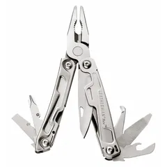 Multi-tool with fold-out pliers featuring 14 tools including pliers, ruler, and opener. Open length 6 1/2 in, closed length 3 3/4 in. Suitable for cutting, gripping, and fastening tasks in maintenance and repair work.