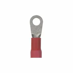 This insulated ring terminal features red vinyl insulation rated for 600 V. It accepts 8 AWG wire and fits a 1/4 in stud. The funnel-entry design aids wire insertion. Used for creating secure connections in control panels, machinery, and power distribution systems.