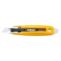 This automatic retracting utility knife features a yellow plastic body with a quick-change blade mechanism. The blade retracts instantly when contact is lost, reducing cut risk. Suitable for cutting cardboard, shrink wrap, and packaging materials in warehouses and manufacturing environments.