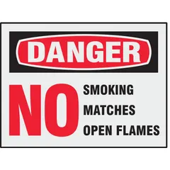 This 8-pack of adhesive signs displays the danger message prohibiting smoking, matches, and open flames. The signs are not retroreflective, not glow-in-the-dark, and have no anti-slip surface. They are intended for mounting on walls, doors, or equipment in areas where fire safety compliance is required.