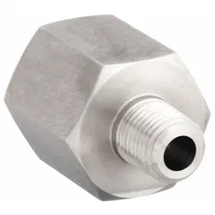 This steel hydraulic hose adapter features a male NPTF thread on one end and a female NPTF thread on the other, providing a rigid, straight connection. It is used to join hydraulic hoses or components in fluid power systems where a leak-resistant seal is required.
