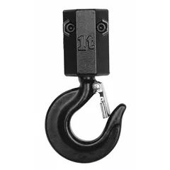 This bottom hook assembly is a replacement component for electric chain hoists. It includes a latch and is rated for a compatible load capacity of 2,000 lb. Typical applications include lifting and positioning loads in industrial maintenance, manufacturing, and warehousing.