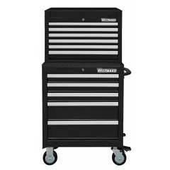 This light-duty tool chest and rolling cabinet combo features 11 drawers with ball-bearing slides for smooth operation. The keyed locking system secures contents, and the black powder-coated finish resists wear. Suitable for organizing hand tools and small parts in workshops, garages, and maintenance areas.