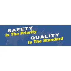 This indoor/outdoor banner is made of poly sheeting and printed on one side. With a nominal size of 28 in x 96 in, it is suitable for displaying safety messages or quality standards in industrial facilities such as workshops, warehouses, and plant floors. It does not include wind slits.