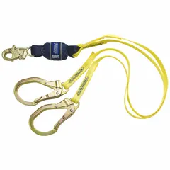 This shock-absorbing lanyard connects a worker's harness to an anchor point, reducing impact forces during a fall. It features a steel rebar hook and steel snap hook, with a 310 lb capacity and a visual load indicator. The lanyard is constructed from yellow polyester. Suitable for construction, industrial, and maintenance fall protection applications.