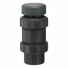This atmospheric vacuum breaker is constructed from unfinished PVC with a 1 1/2 in female NPT connection. It is rated for fluid temperatures from 36°F to 140°F and is used to prevent back-siphonage in industrial fluid systems, such as water and chemical handling lines where PVC piping is specified.